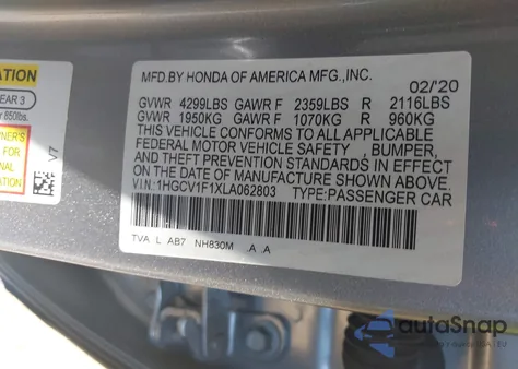 2020 Honda Accord Lx z USA, uszkodzony, nr VIN 1HGCV1F1XLA062803